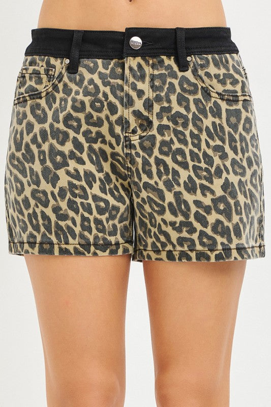 High Rise Leopard Shorts With Contrast Waistband - Risen