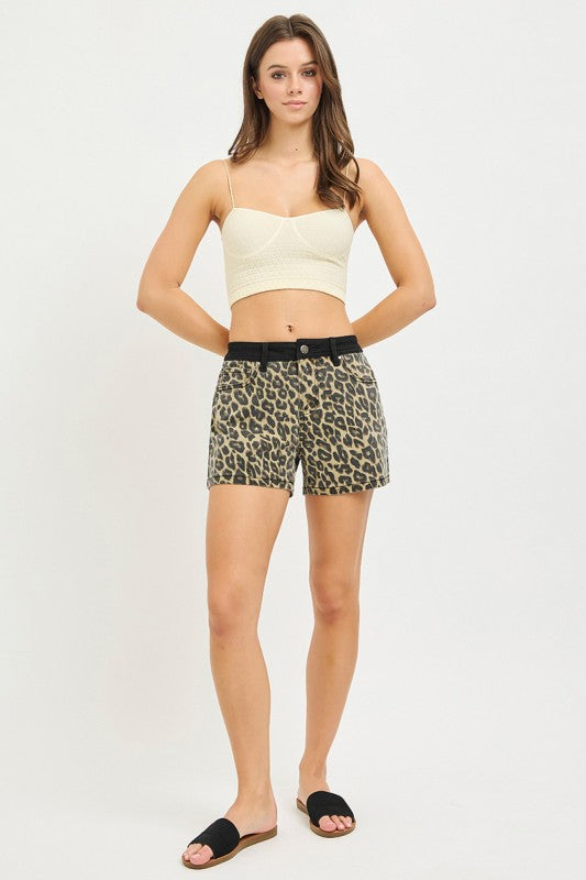 High Rise Leopard Shorts With Contrast Waistband - Risen