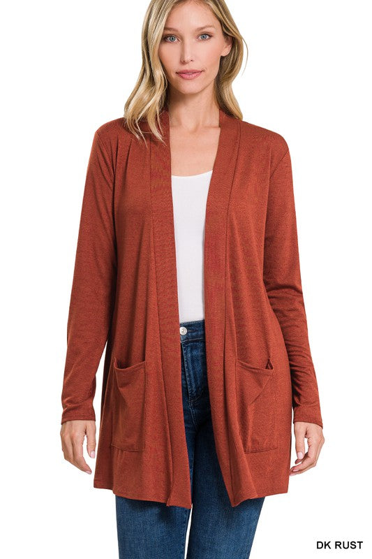 Slouchy Pocket Open Cardigan - Dark Rust