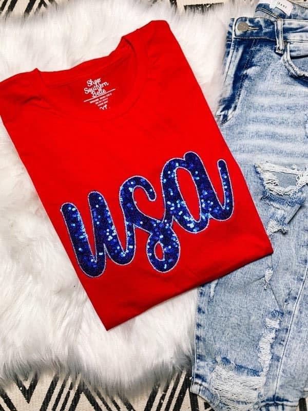 Red USA Sequin Tee