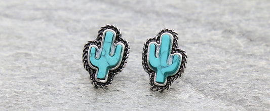 Western Hand Craft Stone Cactus Stud Earrings