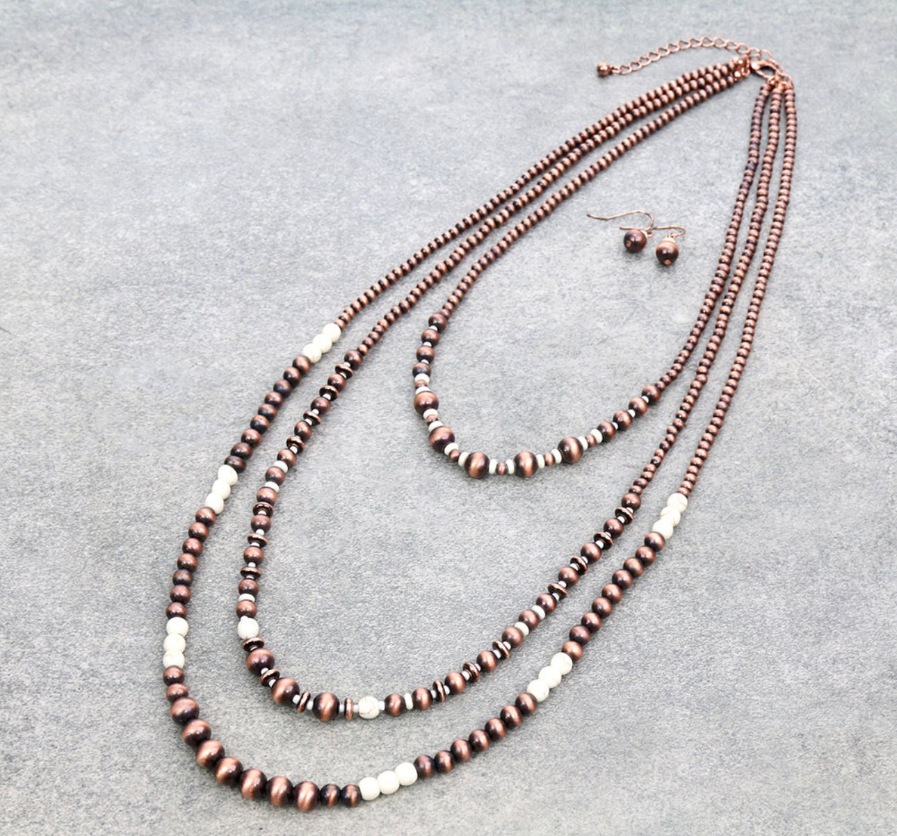 Multi Layered Navajo Style Pearl Necklace Set - Copper & Ivory